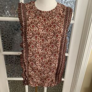 DR2 Top Floral Paisley Blouse Sz M Boho Flowy Pleated Sleeve Detail
